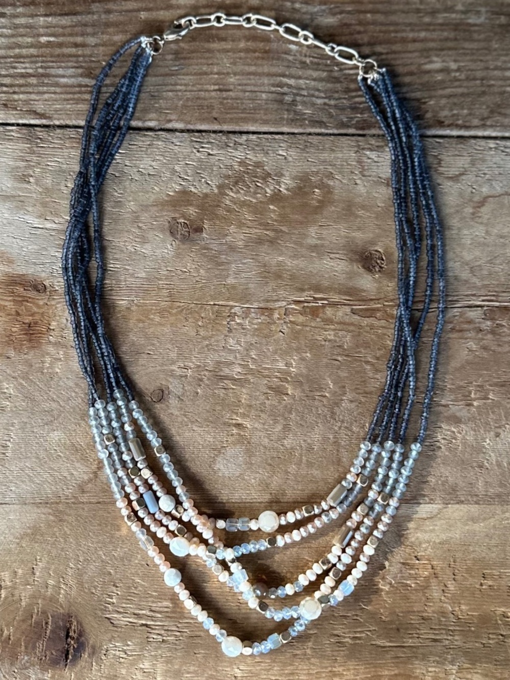 Boho Multi-Strand Gemstone Statement Necklace Gray Gold Blue - Picture 12 of 15